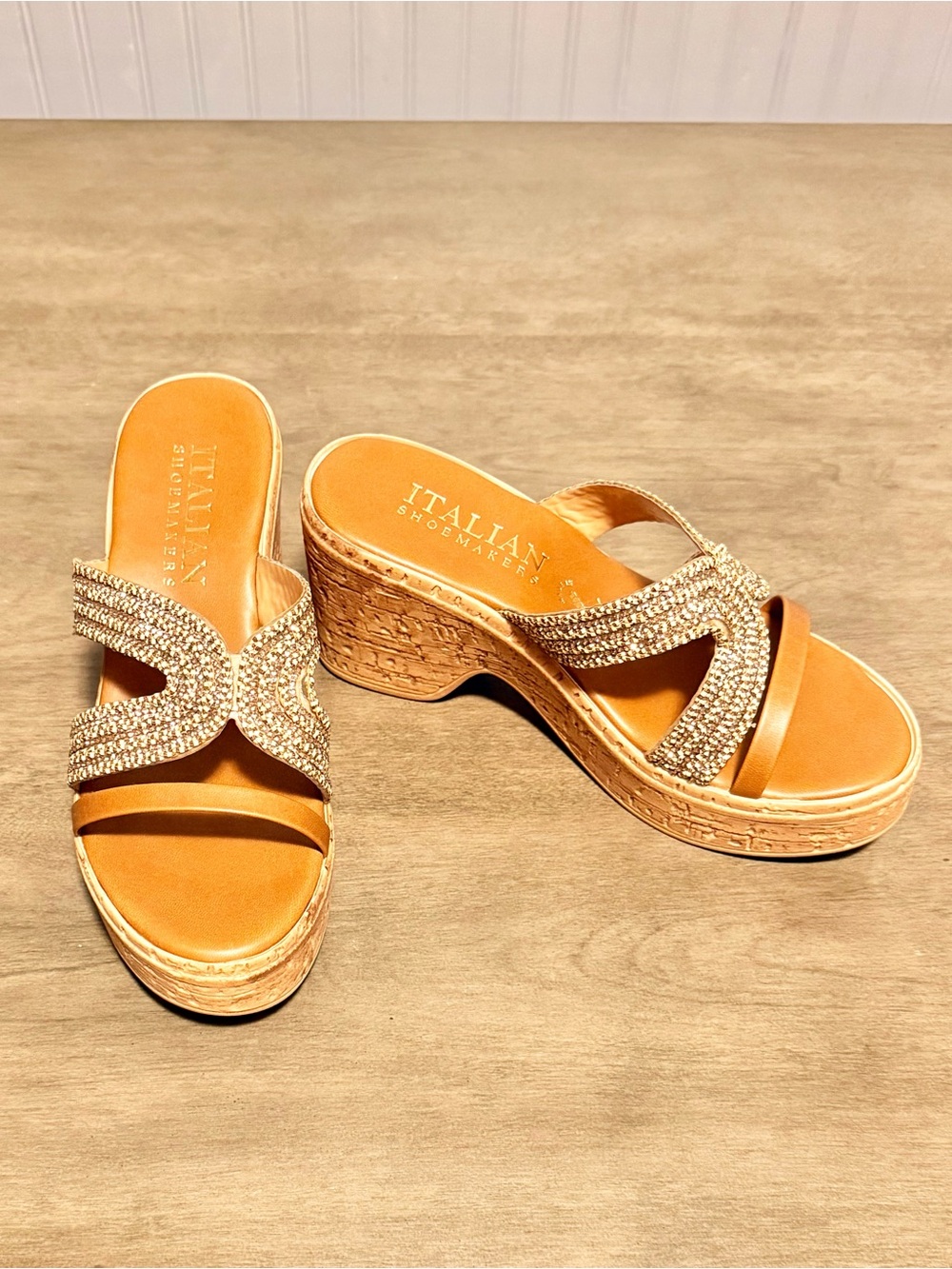 Italian Shoemakers Tan Wedge Sandals with Rhinestone Straps